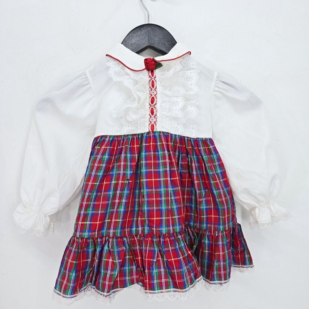 VTG Haddad Brothers Made in USA White Red Plaid Lace Baby Girl's Dress Size 3T